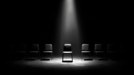 Dramatic Light Spotlighting Empty Chair Among Surrounding Black Chairs in Dark Room Creating Mysterious and Intriguing Atmosphere for Creative Conceptsの素材