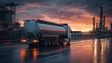 Sunset Reflection of a Truck Tanker in an Industrial Area with Oil Refinery and Dramatic Cloudy Sky Showcasing Evening Operationsの素材
