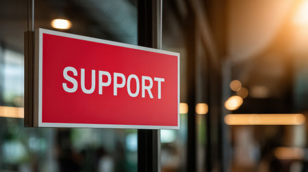Bright Red Support Sign Hanging Inside Modern Office Environment Giving Clear Direction for Customer Assistance Optionsの素材