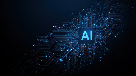 Abstract digital background featuring glowing circuits and a central AI text, symbolizing artificial intelligence and technology innovation in a dark settingの素材
