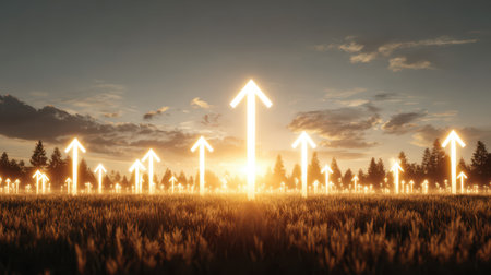 Bright Sunrise with Glowing Arrows Pointing Upward Over a Transformative Landscape Surrounded by Trees and Evoking Hope and Positivity in Natureの素材