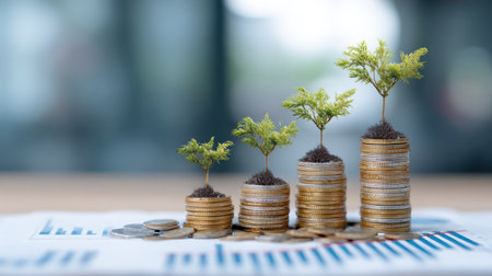 Growth of Investments Represented by Stacked Coins with Green Plants Signifying Financial Success and Prosperity in Economic Development Conceptの素材