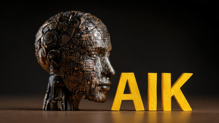 Futuristic Robotic Head Sculpture with AIK Lettering, Representing Advanced Technology and Innovation in Artificial Intelligence Developmentの素材