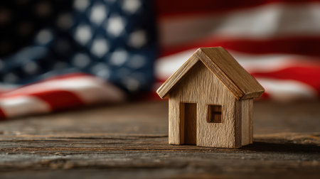 Wooden model house on rustic wooden table with blurred American flag background, symbolizing home, patriotism, and American values in real estate contextの素材