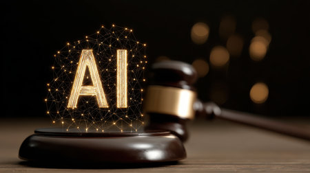 Futuristic Gavel Symbolizing Artificial Intelligence Legal Concepts, Representing the Intersection of Technology and Law in Contemporary Justice Systemsの素材