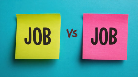 Comparison of Job Opportunities with Colorful Sticky Notes Featuring Job Labels on a Bright Blue Background for Career Decisionsの素材