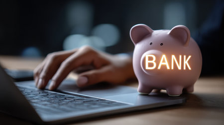 Person Using Laptop with Pink Piggy Bank Displaying Bank Sign, Symbolizing Saving, Financial Planning, and Investment Strategy in a Modern Workspaceの素材