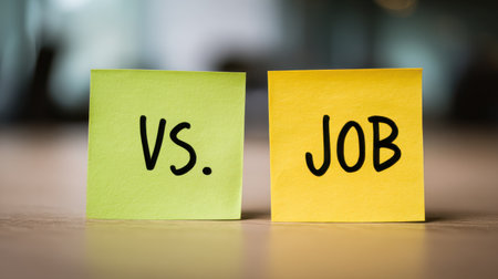 Colorful sticky notes display the comparison "VS." and "JOB," symbolizing choices, career decisions, and the balance between aspirations and employment options.の素材