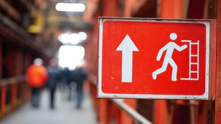 Clear emergency exit sign with upward arrow and figure running towards a ladder, symbolizing safety and escape in a warehouse or industrial setting.の素材
