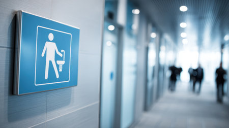 Blue restroom sign indicating men's bathroom, modern interior corridor with blurred people walking in the background, clean and professional environmentの素材