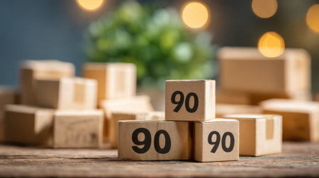 Wooden cubes with number 90 on table with blurred background, perfect for concepts of milestones, age, achievement, and creative design in stock photography.の素材