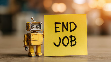 Vintage toy robot holding sticky note with handwritten text "End Job," symbolizing job loss, employment struggles, and changes in work environments.の素材