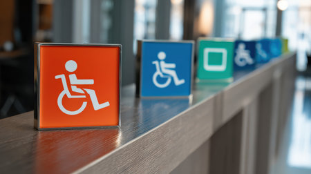 Colorful Accessibility Signs in Modern Interior for Inclusive Spaces, Highlighting Wheelchair Access, Public Facilities, and Supportive Design Conceptsの素材