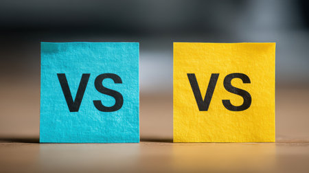 Colorful Sticky Notes on Wooden Surface Representing Competition with Bold Letters Indicating Versus Concept in a Creative Business Settingの素材