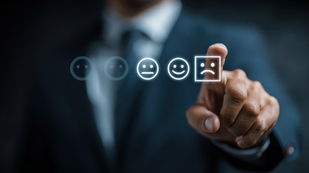 Businessman Evaluating Customer Satisfaction with Digital Feedback Interface and Emojis in a Professional Settingの素材