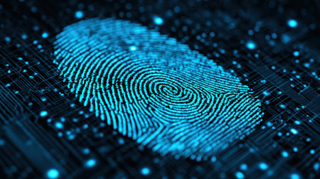 Futuristic Digital Fingerprint over Abstract Circuit Background Representing Technology, Security, and Identity Verification in a Modern Spaceの素材