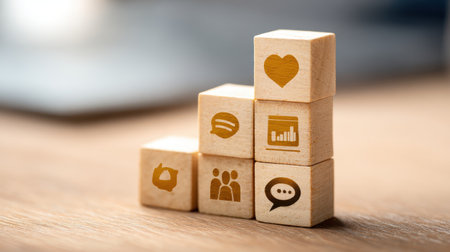 Stacked wooden blocks featuring various icons representing communication, social interaction, and data analysis on a wooden surface in a modern workspaceの素材