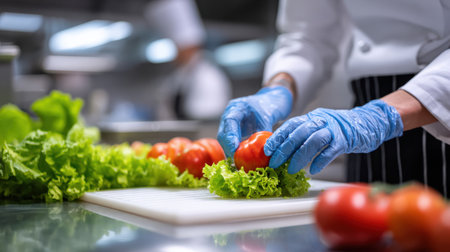 Chef in Professional Kitchen Preparing Fresh Ingredients with Focus on Tomatoes and Lettuce for a Delicious Meal in a Modern Culinary Environmentの素材