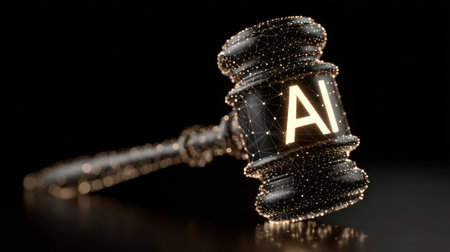 Digital representation of a gavel featuring glowing elements and the letters AI, symbolizing the integration of technology and law in modern societyの素材