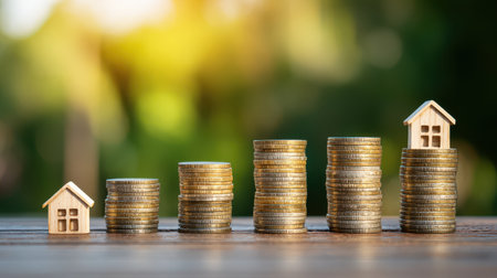 Growth of Real Estate Investment Depicted Through Stacked Coins and Model Houses Representing Financial Progress and Wealth Accumulation Strategyの素材