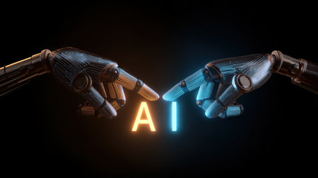 Futuristic robotic hands reaching toward glowing letters representing artificial intelligence concept with a dramatic contrast of colors and lightingの素材