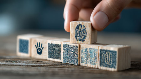 Hand placing wooden block with fingerprint design among other blocks featuring unique patterns on rustic wood background, symbolizing identity and technologyの素材