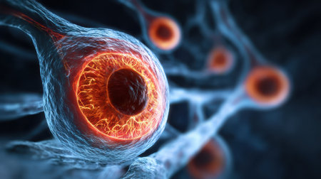 Close-Up View of Neurons with Glowing Orange Effects Depicting Neural Connections and Brain Activity in an Artistic Representation of Science and Biologyの素材