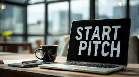 Workspace setting featuring a laptop displaying the phrase 'START PITCH', a black coffee mug, and a cozy, modern office environment to inspire creativityの素材