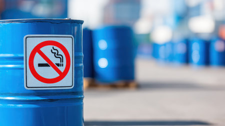 Blue Barrel with No Smoking Sign in Industrial Environment, Hazardous Area, Safety Precautions, Warning Label, Container Storage Site, Outdoor Settingの素材