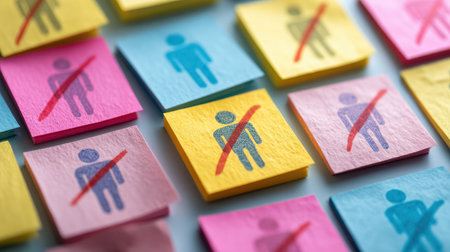 Conceptual Representation of Exclusion and Denial with Colorful Sticky Notes Depicting Human Figures Crossed Out in Various Colors and Arrangementsの素材