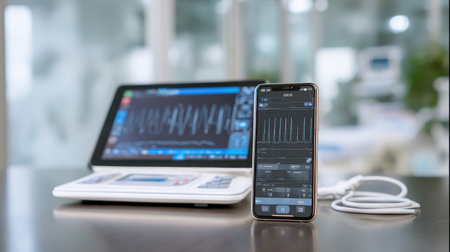 Modern medical gadget with advanced health monitoring features displayed on tablet and smartphone, showcasing technology in healthcare settingsの素材