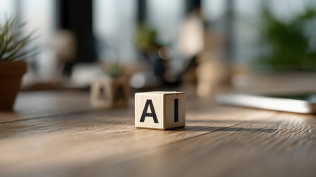Wooden block with AI letters on a desk, showcasing artificial intelligence theme, modern workspace with plants, technology and creativity conceptの素材