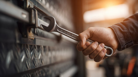 Close-up of a Hand Holding a Wrench Preparing to Tighten a Lock on a Metal Toolbox in a Bright Industrial Workshop Environmentの素材