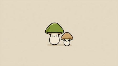 Cute and Playful Cartoon Mushrooms with Happy Facial Expressions on a Light Beige Background Ideal for Whimsical Designs and Children's Projectsの素材