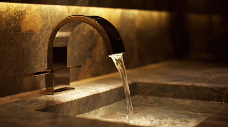 Modern faucet with flowing water in elegant bathroom setting showcasing luxury and comfort, warm lighting reflecting off stone surfaceの素材