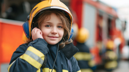 Smiling young child dressed in firefighter gear, wearing protective helmet and headset, posed in front of a fire truck with fellow firefighters in backgroundの素材
