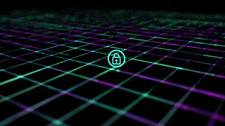 Futuristic Digital Lock Icon on Neon Grid Background Representing Cybersecurity and Data Protection Concepts in Technology Design Aestheticsの素材