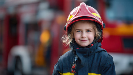 Young Girl in Firefighter Helmet Smiling Proudly on Fire Truck Background Representing Future Heroes and Aspiring Firefighters with a Brave Spiritの素材