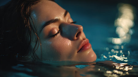 Serene Moment of a Young Woman Floating Peacefully in Water Under Soft Blue Light Capturing a Sense of Calm and Tranquility at Nightの素材