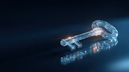 Futuristic digital key concept with glowing effects and transparent visualization, symbolizing security, access, and technology for modern applicationsの素材
