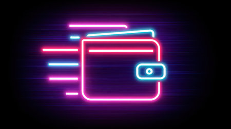 Neon Wallet Icon with Speed Lines Representing Fast Transactions and Digital Finance in a Modern, Vibrant Design Ideal for Financial Concepts and E-Commerceの素材