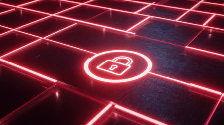 Futuristic Digital Lock Symbol Illuminated by Neon Red Lights on a Dark Surface Representing Cybersecurity and Data Protection in Modern Technologyの素材