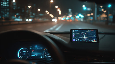 Nighttime Urban Driving Scene with Focus on Car Dashboard, Navigation System and Cityscape in Background Illuminated by Street Lightsの素材
