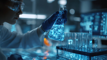Scientist conducts experiment with glowing liquid in laboratory, focusing on research and analysis using advanced technology and equipment for innovationの素材