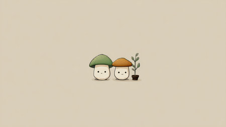 Cute and Charming Cartoon Mushrooms with Smiling Faces and a Small Plant on a Simple Beige Backgroundの素材