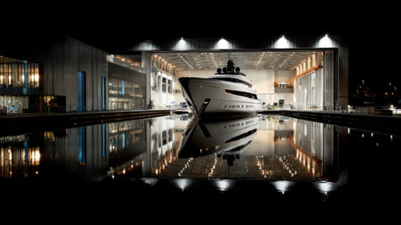 Luxurious Yacht Inside Well-Lit Indoor Marina with Reflection in Water, Exquisite Night Scene Captured with Modern Architecture and Vibrant Lightingの素材