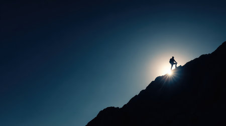 Silhouette of a Solo Climber Scaling a Mountain with Bright Sunlight Background during Evening or Early Morning Hours in a Scenic Outdoor Settingの素材