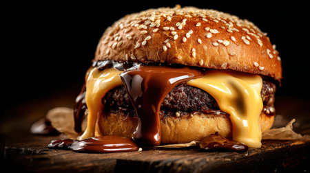 Delicious gourmet chocolate burger with melting chocolate sauce and creamy caramel drizzling down on a rustic wooden tableの素材