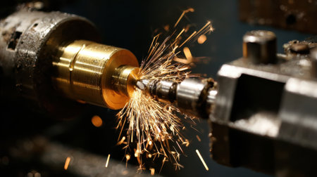 Close-Up of a Precision Metalworking Process with Sparks Flying from a Lathe Cutting Brass Component in a Workshop Environmentの素材
