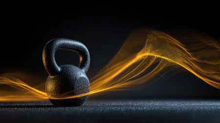 Black kettlebell on dark surface with glowing golden trails representing strength and fitness, perfect for gym and training concept photographyの素材